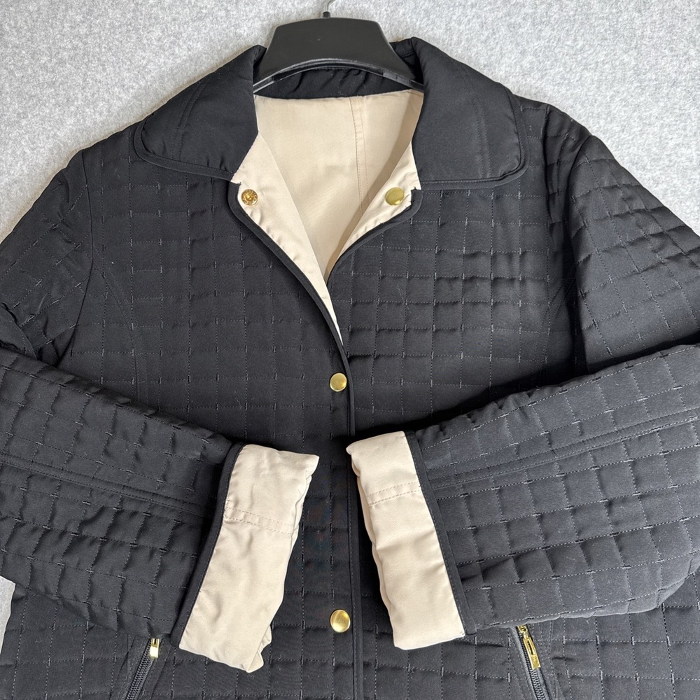 Fitz-Wright Women's Size Xl Quilted Reversible Black Cream Jacket Gold Snaps EUC